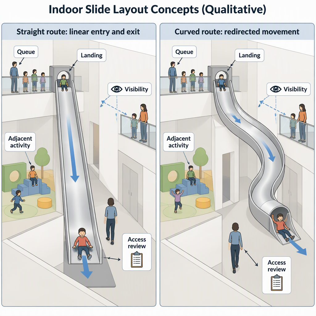 Concept diagram comparing a straight slide route with a curved route using labels for queue, landing, visibility, adjacent activity and access review