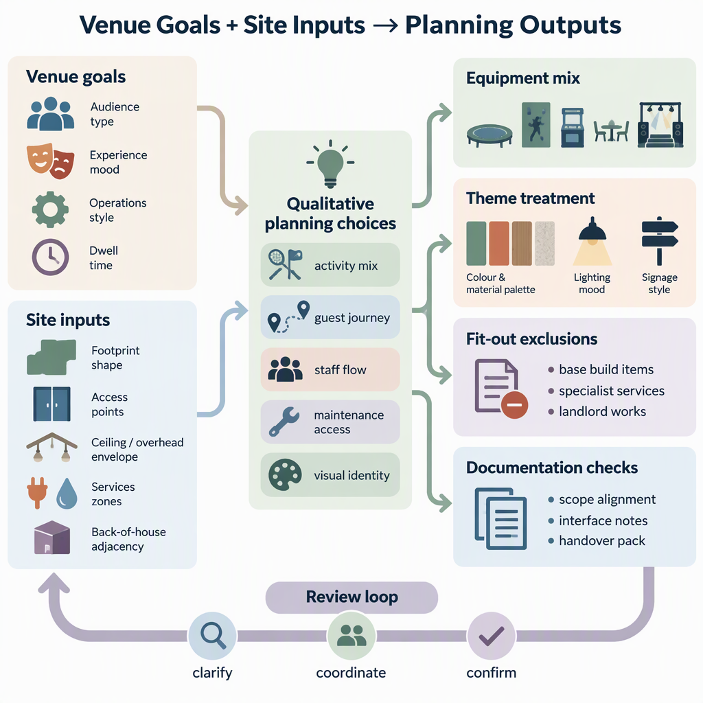 Decision flow from venue goals and site inputs to equipment mix, theme treatment, fit-out exclusions and documentation checks