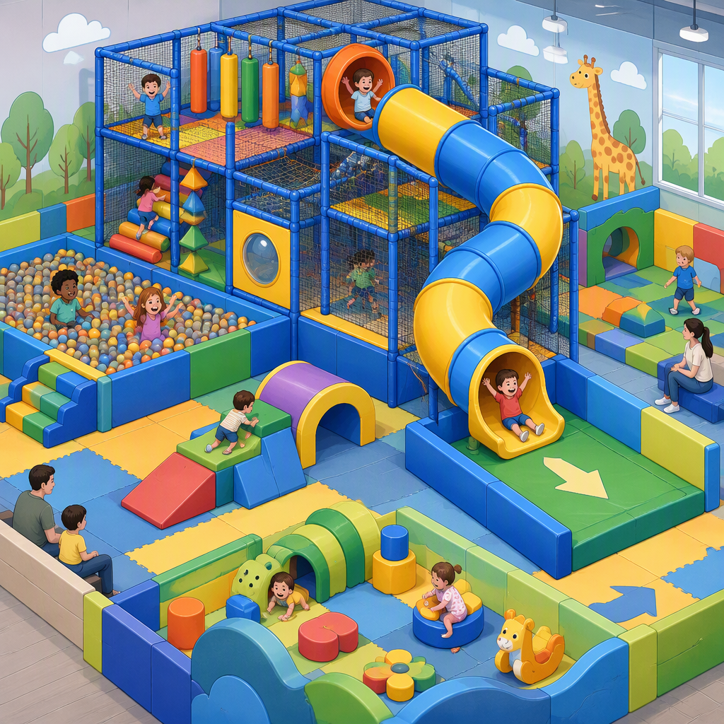 Commercial indoor play structure with a large slide connected to a raised platform and surrounding activity zones