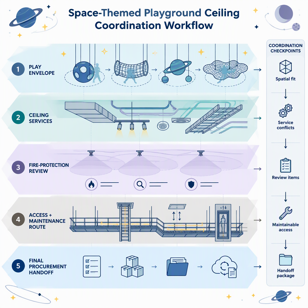 Conceptual layered workflow showing play envelope, ceiling services, fire-protection review, access planning and procurement handoff