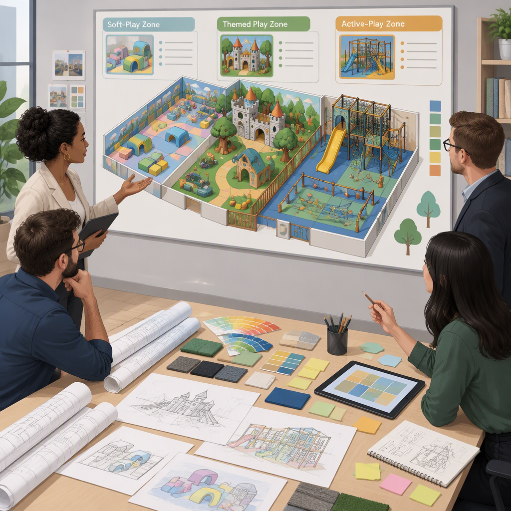Commercial indoor playground package planning with soft play, themed zones and active play areas