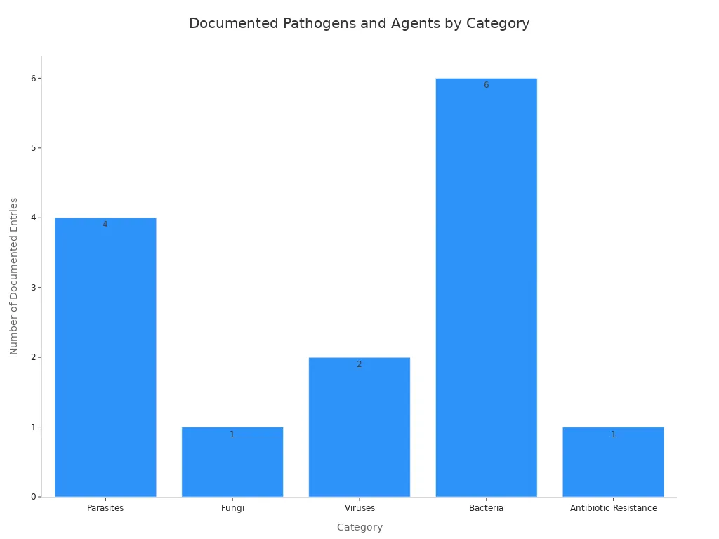 Bar chart showing the number of documented pathogens and agents by category in indoor playground ball pits and soft play areas.