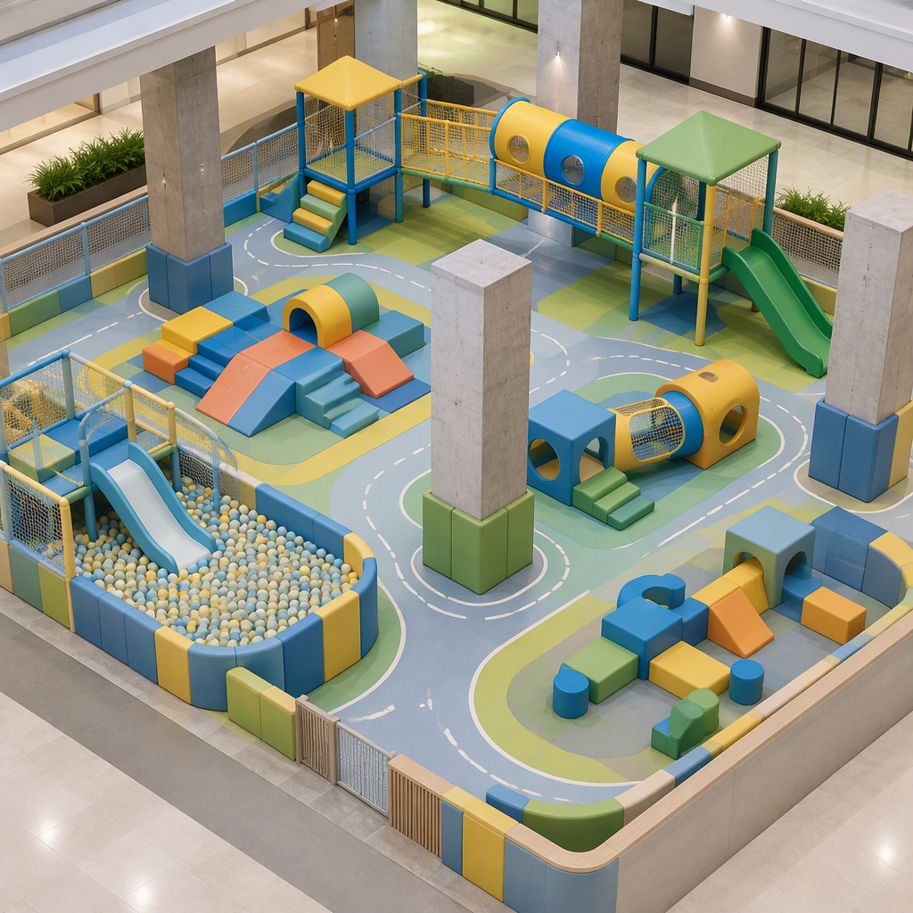 Conceptual small indoor playground layout arranged around visible structural columns with bridges and tunnels
