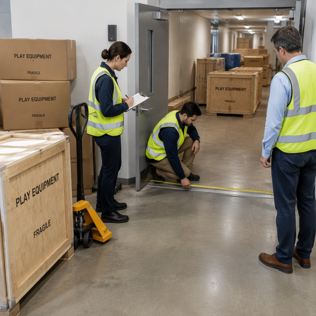 Delivery team checking packed indoor playground components against a building entrance route