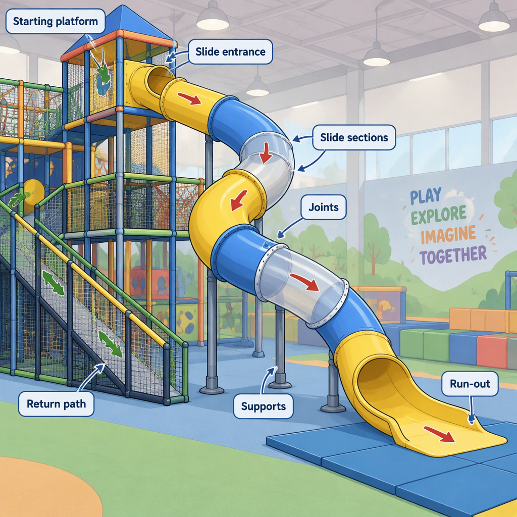 Diagram of slide connection zones including platform, slide entrance, sections, joints, supports, run-out and return path