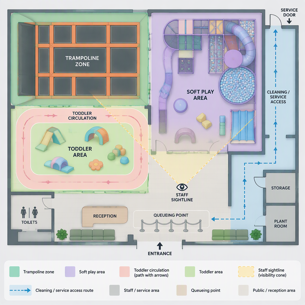 Conceptual mixed indoor playground zoning with trampoline, soft play, toddler circulation, queueing and service access areas