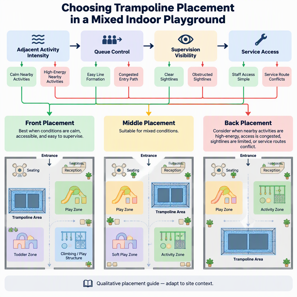 Decision flow for choosing front, middle or back trampoline placement in a mixed indoor playground