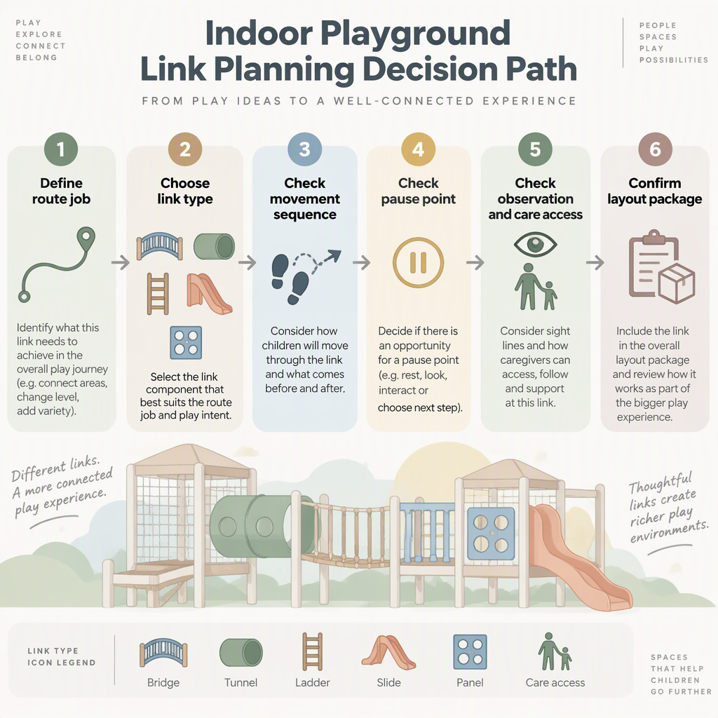 Decision path for choosing bridges, tunnels, ladders, slides and pause points in an indoor playground route