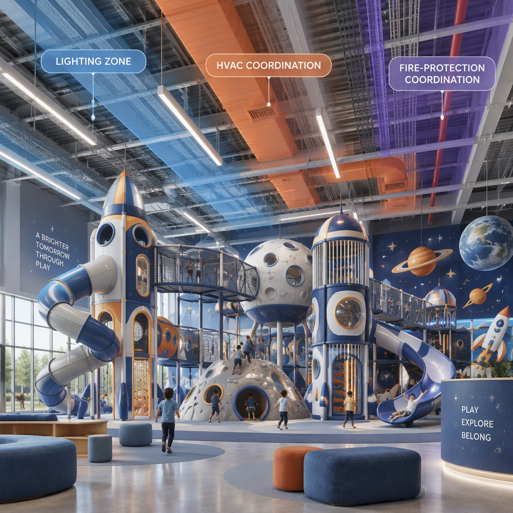 Conceptual commercial indoor playground with a space-themed play structure below a coordinated ceiling-services zone