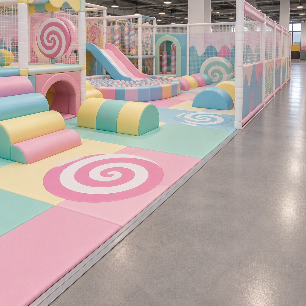 Conceptual indoor soft play area meeting neutral venue circulation flooring at a planned boundary