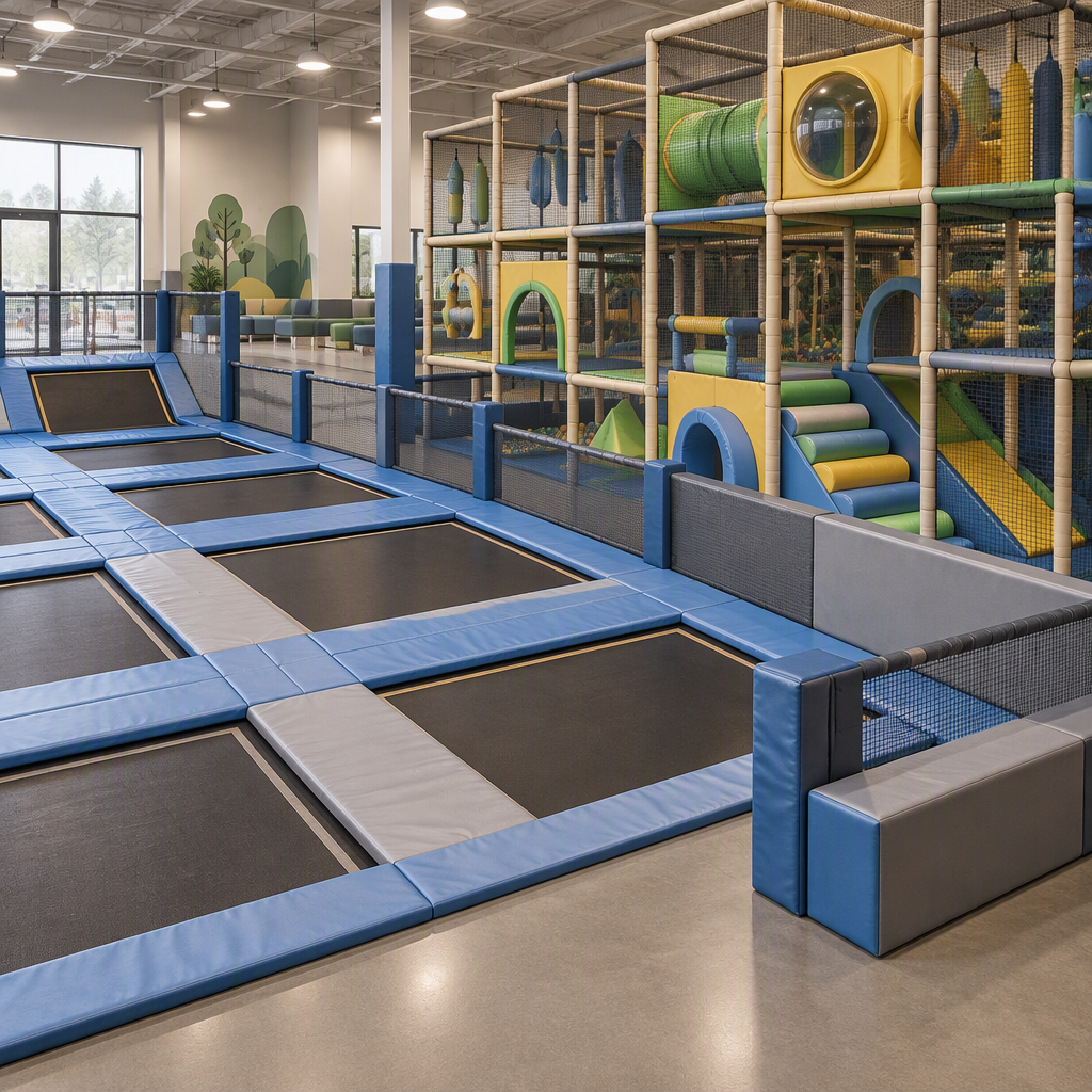 Commercial indoor play concept with a trampoline zone beside a soft-play structure