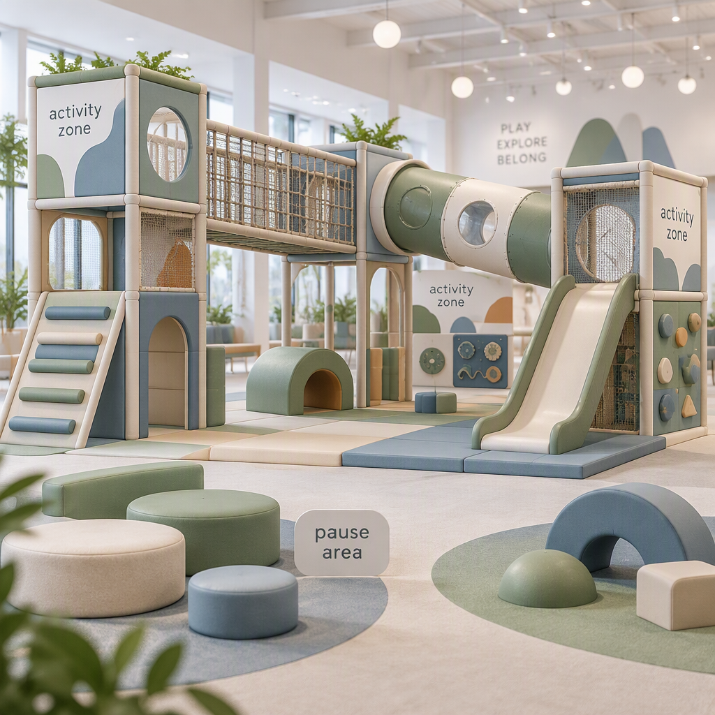 Conceptual commercial indoor playground route with bridge, tunnel, ladder, slide and activity zones