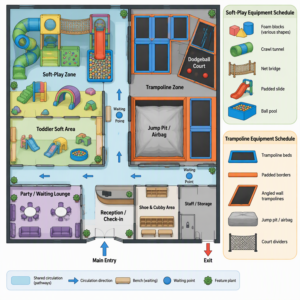 Qualitative diagram of soft play, trampoline courts, waiting points, entries, exits and shared circulation
