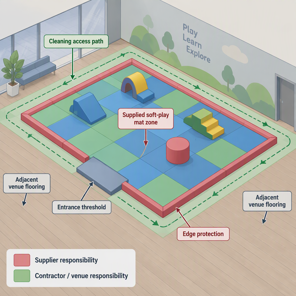 Conceptual diagram of soft play mat zone, adjacent venue flooring, threshold, cleaning access and responsibility split