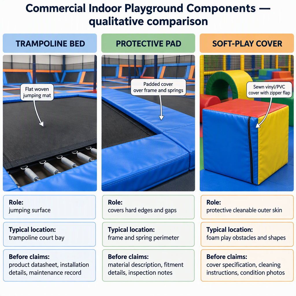 Diagram comparing the roles of a trampoline bed, protective pad and soft-play cover