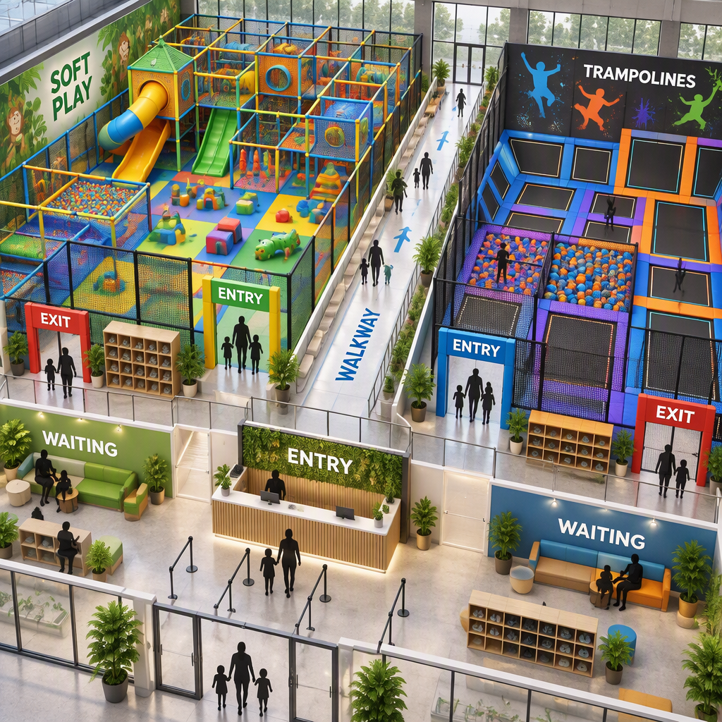 Mixed indoor playground concept with soft play and trampoline zones connected by a clear external walking route